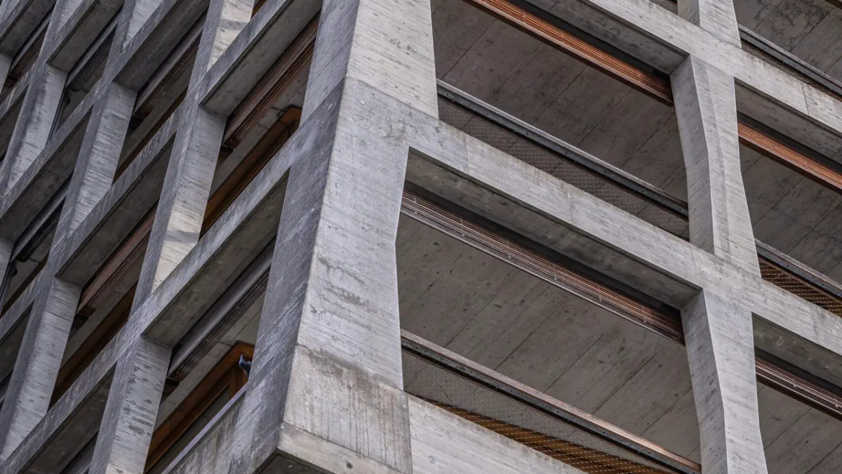 Architecture photography of Helsinki Dreispitz building in Basel – vertical concrete structure by Herzog & de Meuron - Alan Philip Muller - Architecture Photographer