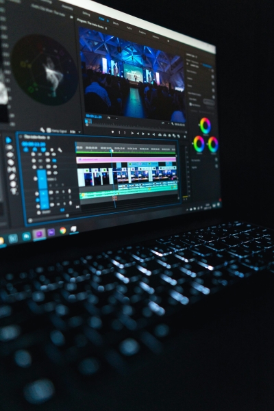 Video editing software Adobe Premiere Pro running on a laptop for videography