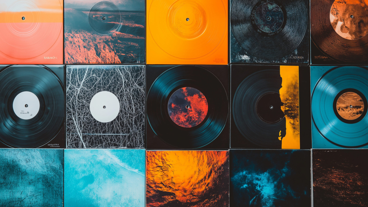 Collection of vinyl records covers panoramic background