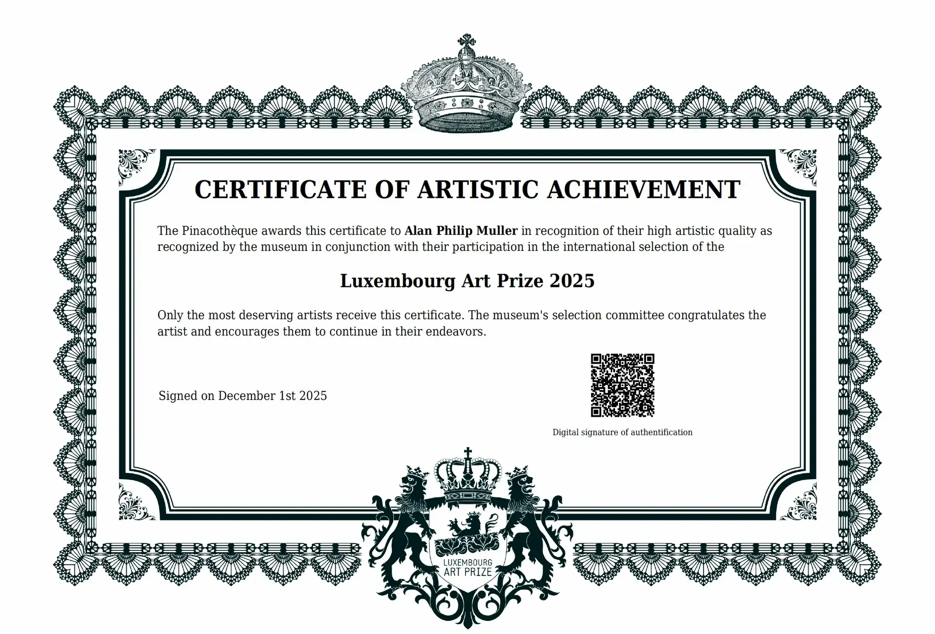Luxembourg Art Prize 2025 Certificate of Artistic Merit - Fine Art Awards - Fine Art Auszeichnungen